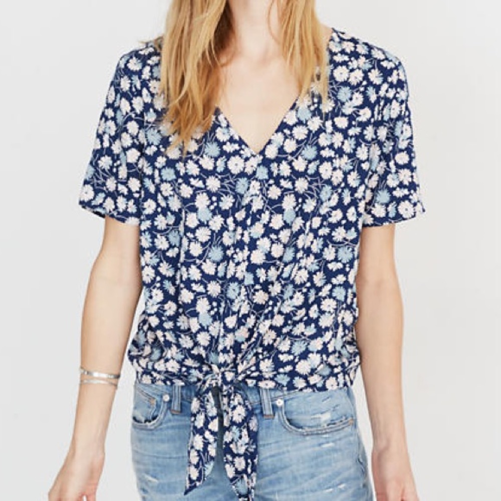 Madewell blue floral front tie shirt size XS extra small